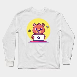 Cute Honey Bear Operating Laptop Long Sleeve T-Shirt